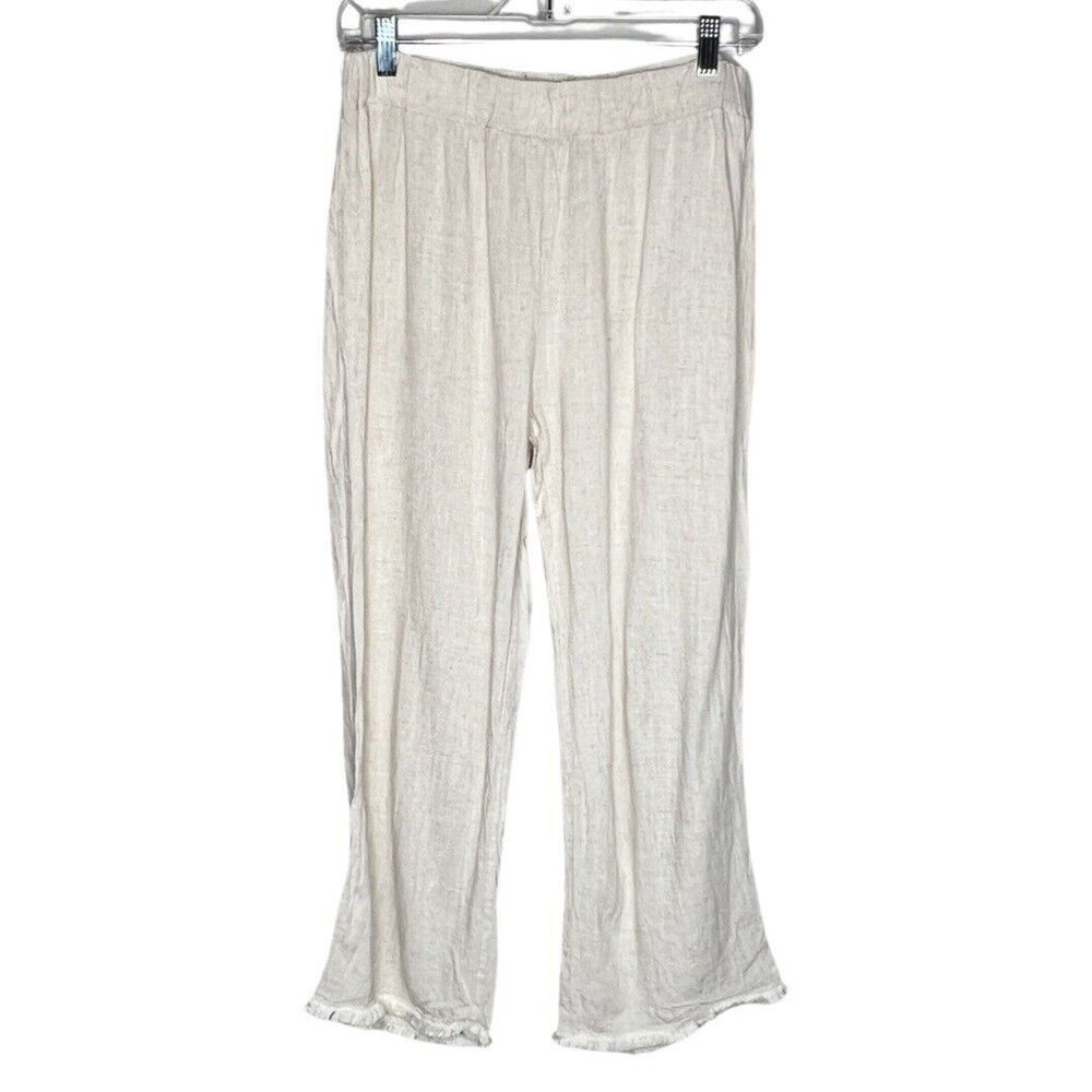 Coco + Carmen Pants‎ Womens Medium Cream Linen Blend Cropped Frayed Hems Neutral